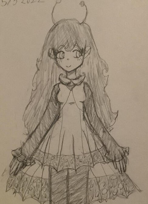 A drawing of mari from OMORI in a butterfly themed outfit