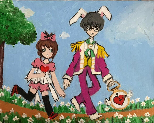 A painting of sakura and yukito as alice and the white rabbit from alice in wonderland